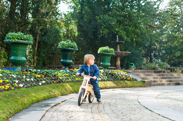 Outdoor portrait of a cute toddler boy on wooden bicycle in a park on a nice spring day - Fotó, kép