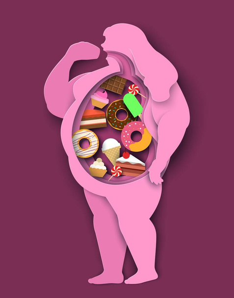 Excess weight woman paper cut vector design. Overweight and obesity concept. Unhealthy diet and junk sweet food inside fat female body. Adult person abdominal obese. Over eating problems illustration - Vektor, obrázek