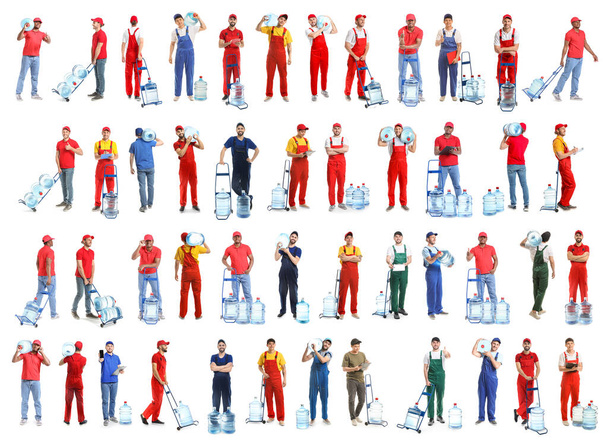 Many couriers of water delivery service on white background - Photo, Image