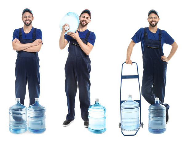 Set of couriers of water delivery service on white background - Foto, afbeelding