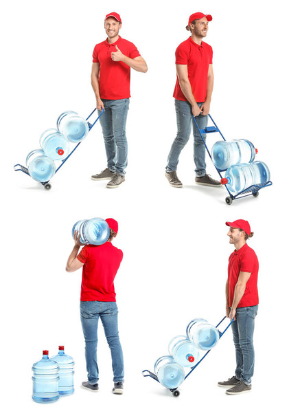 Set of delivery man with bottles of water on white background - Фото, изображение