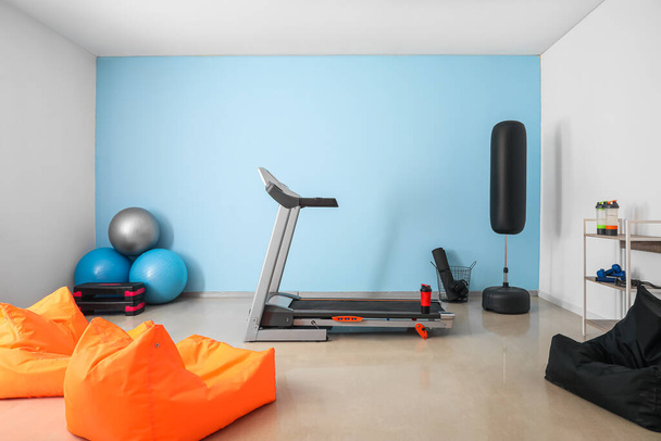 Interior of gym with treadmill and sport equipment - Fotoğraf, Görsel