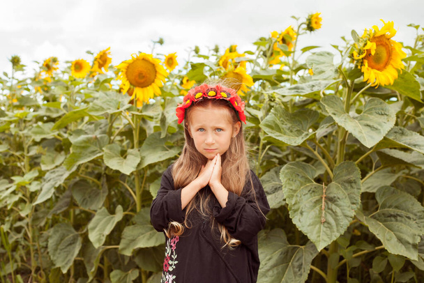 A beautiful Ukrainian girl. Ukrainian girl in the field. A child in an embroidered dress. Ukrainian woman Run across Ukrainian land. Girl's flower wreath. - Foto, Bild