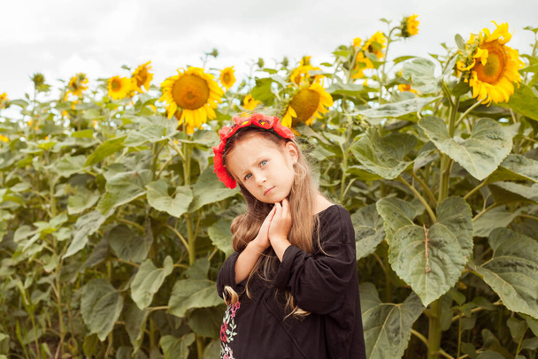 Ein schönes ukrainisches Mädchen. Ukrainisches Mädchen auf dem Feld. Ein Kind in einem bestickten Kleid. Ukrainerin läuft über ukrainisches Land. Blumenkranz für Mädchen. - Foto, Bild