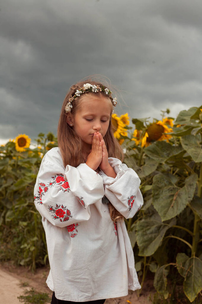 A beautiful Ukrainian girl. Ukrainian girl in the field. A child in an embroidered dress. Ukrainian woman Run across Ukrainian land. Girl's flower wreath. - Photo, image