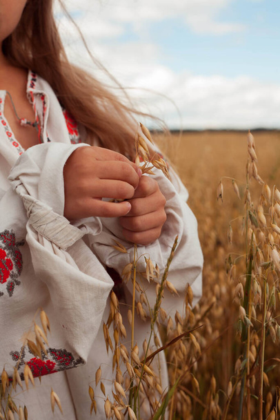 A beautiful Ukrainian girl. Ukrainian girl in the field. A child in an embroidered dress. Ukrainian woman Run across Ukrainian land. Girl's flower wreath. - Foto, Imagen