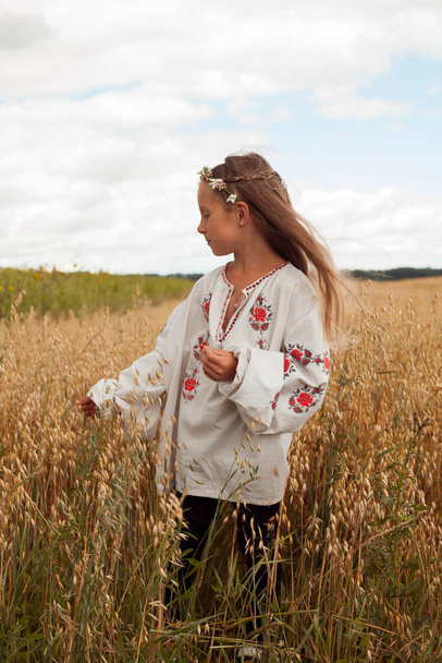 A beautiful Ukrainian girl. Ukrainian girl in the field. A child in an embroidered dress. Ukrainian woman Run across Ukrainian land. Girl's flower wreath. - Foto, Bild