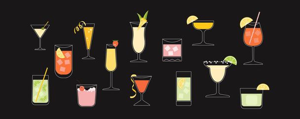 Set of cockles for an aperitif. Cold drinks for celebration. Alcohol in glasses in retro style isolated. Symbol for restaurant or bar menu. Flat style vector illustration - Vektör, Görsel