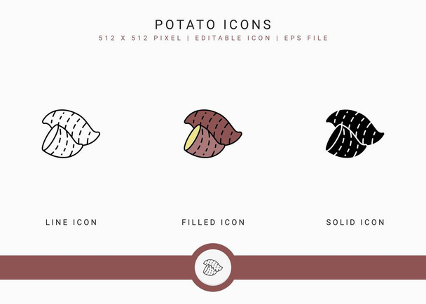 Potato icons set vector illustration with solid icon line style. Vegetable healthy concept. Editable stroke icon on isolated background for web design, user interface, and mobile application - Vector, Imagen