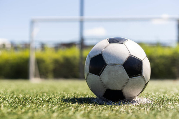 close-up view of leather soccer ball on green grass - Photo, image