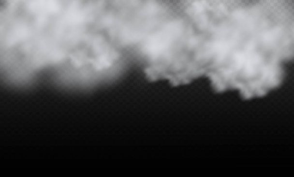 Bewölkter Himmel oder Smog über der Stadt. Weißer Vektorwolken, Nebel oder Rauch auf dunkel kariertem Hintergrund. Vektorillustration. - Vektor, Bild