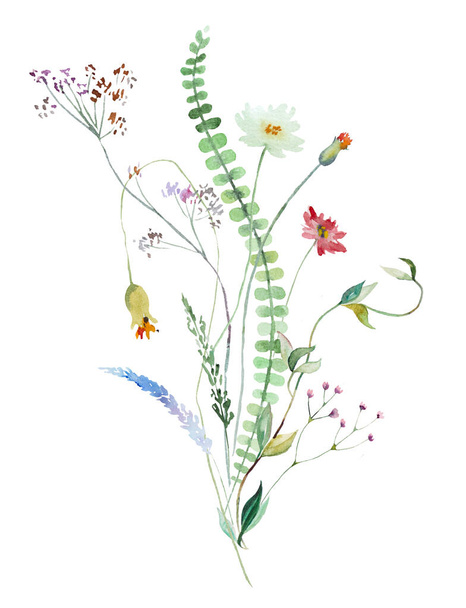 Strauß aus bunten Aquarell-Wildblumen und Blättern Illustration, isoliert, Kopierraum. Florales Element für sommerliche Hochzeitsschreibwaren und Grußkarten - Foto, Bild