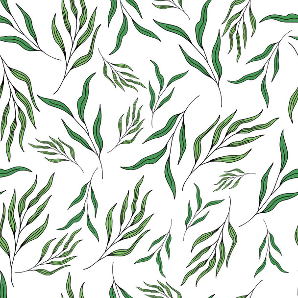 nahtloses Muster auf weißem Hintergrund, handgezeichnete grüne Zweige mit Blättern - Foto, Bild
