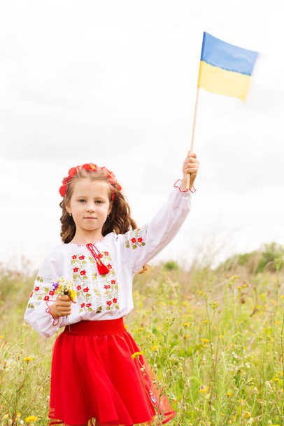 Маленька дівчинка в українському народному костюмі в полі з українським прапором в руках. - Фото, зображення