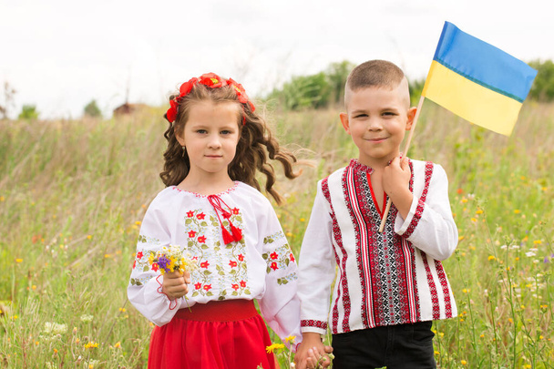 Маленький хлопчик і дівчинка в національному українському одязі з синьо-жовтим прапором на полі. Концепція вільної України - Фото, зображення