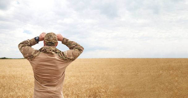 Ukrainian military man in wheat field. Ukrainian wheat fields and war upcoming food crisis. Armed Forces of Ukraine - Valokuva, kuva