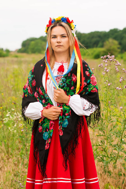 A beautiful Ukrainian woman in a folk dress with a wreath and a scarf in a field - Foto, Imagem