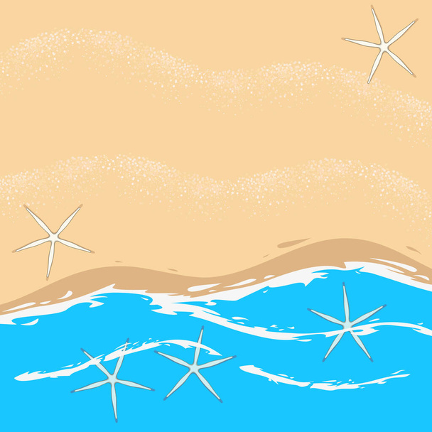 Illustration with sea, waves, beach and starfish. Marine vector background. - Wektor, obraz
