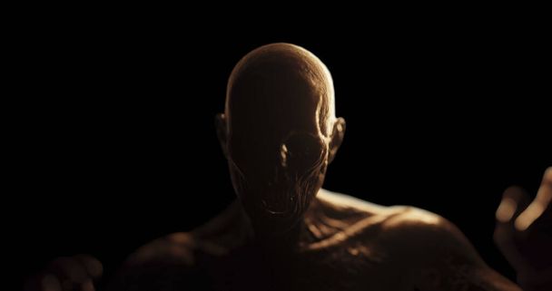 Image of distressed shirtless bald figure holding head in pain in dark room. Fear, horror and suffering concept digitally generated image. - Foto, Bild