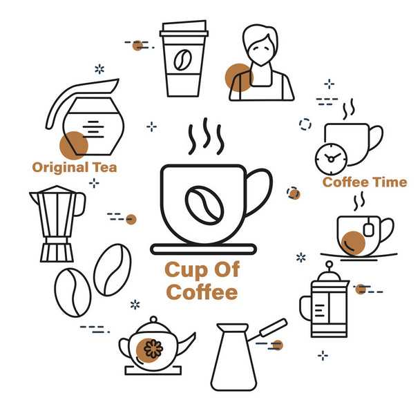 Cup of coffee minimalistic circle design. Linear icons set in round frame on white background - Vector, Image