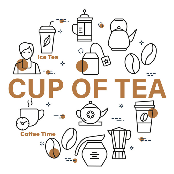 Cup of tea vector banner with circle design. Isolated linear icons around of the text on white background - Vektor, obrázek