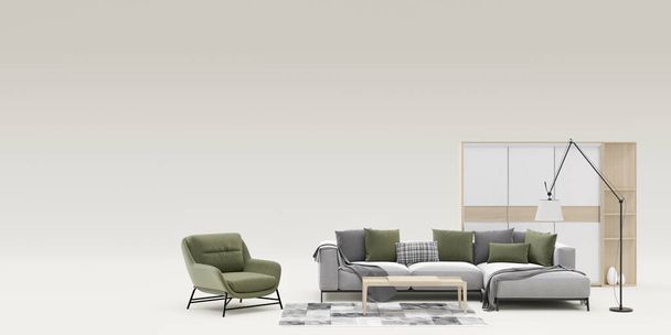 Banner with modern furniture and copy space for your advertisement text or logo. Furniture store, interior details. Furnishings sale or interior project concept. Template with free space. 3d render - Foto, immagini