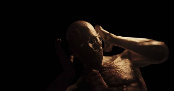 Image of distressed shirtless bald figure holding head in pain in dark room. Fear, horror and suffering concept digitally generated image. - Photo, image