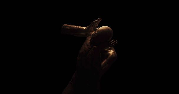 Image of distressed shirtless bald figure holding head in pain in dark room. Fear, horror and suffering concept digitally generated image. - Zdjęcie, obraz