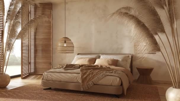Boho scandinavian style in farmhouse interior. Beige bedroom with natural wooden furniture. High quality footage 4K 3d render illustration video. - Video, Çekim