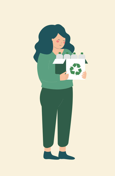 Young woman collectes plastic bottles for recycling. Green ecology, environment protection and earth day concept. Vector illustration. - Vector, imagen