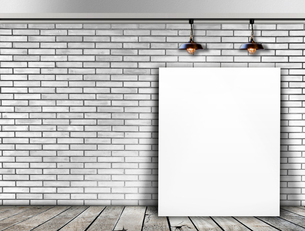 Poster standing in White Brick wall with Ceiling lamp - Photo, Image