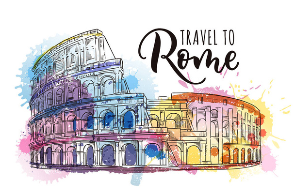 Travel to Rome poster, greeting card or print with hand drawn calligraphy lettering. Vector sketch illustration of Colosseum on colorful watercolor backgorund. Italy famous symbol isolated on white - Vector, Image