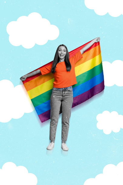 Vertical creative collage portrait of excited positive girl black white gamma arms hold lgbt flag isolated on painted clouds sky background. - Foto, Imagem