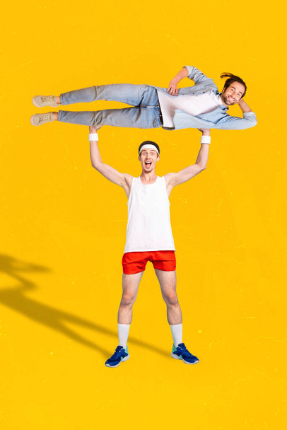 Vertical collage picture of sporty positive excited guy hands hold lifting his friends isolated on yellow background. - Foto, Bild