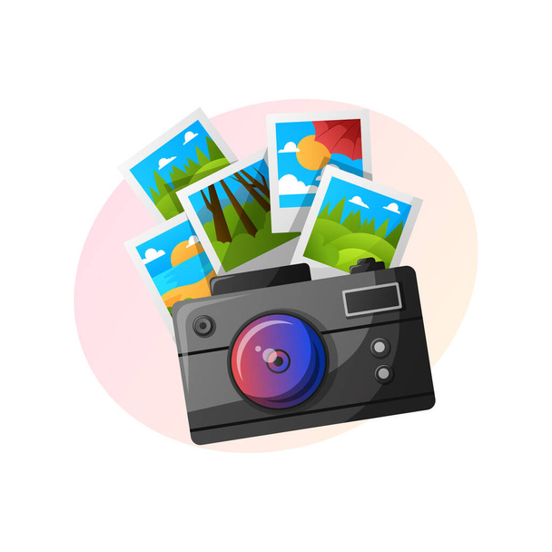 Photo camera and travel photos vector cartoon illustration. Travel and summer vacation concept. Camera and pictures for app, online service or travel website design. - Vector, Image