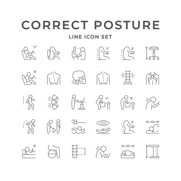 Set line icons of correct posture isolated on white. Driving position, spine, scoliosis, proper walking, mattress, back pain, chair armrest, orthopedic treatment. Vector illustration - Wektor, obraz