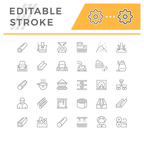 Set line icons of metallurgy isolated on white. Industry equipment, metal product, employee or worker, conveyor, gantry crane, metallurgical factory. Editable stroke. Vector illustration - Vecteur, image