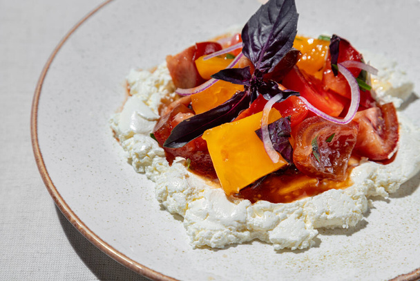 Curd with tomatoes. Salted cottage cheese with red and yellow tomatoes, red onions, red basil leaves and olive oil. The food lies in a round, ceramic plate. The plate stands on a light fabric background. - Foto, Imagem
