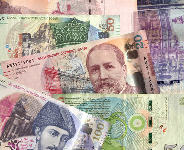 Collage of various Gerorgian Lari banknotes. Georgian currency. - Фото, зображення