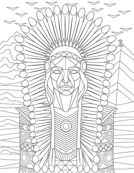 Coloring Page With Indian Man With Mountains And Birds In Background. - Вектор, зображення