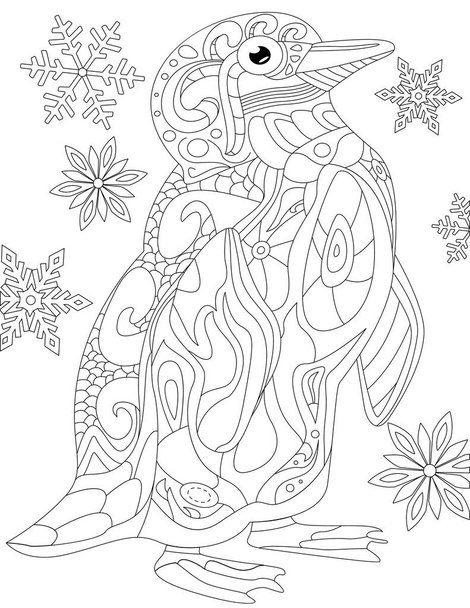 Окраска страницы с ходячей матерью и ребенком пингвин со снежинками в спину. - Вектор,изображение