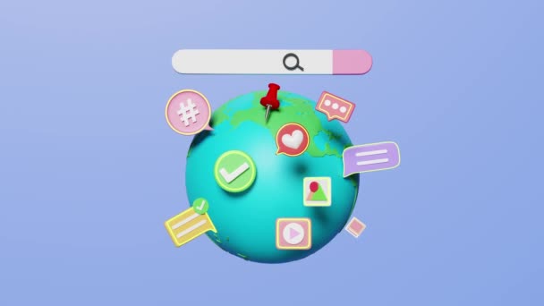 3d animation social media on earth with chat bubbles, search bar isolated on blue background. online social, communication applications seo concept, 3d render illustration - Felvétel, videó
