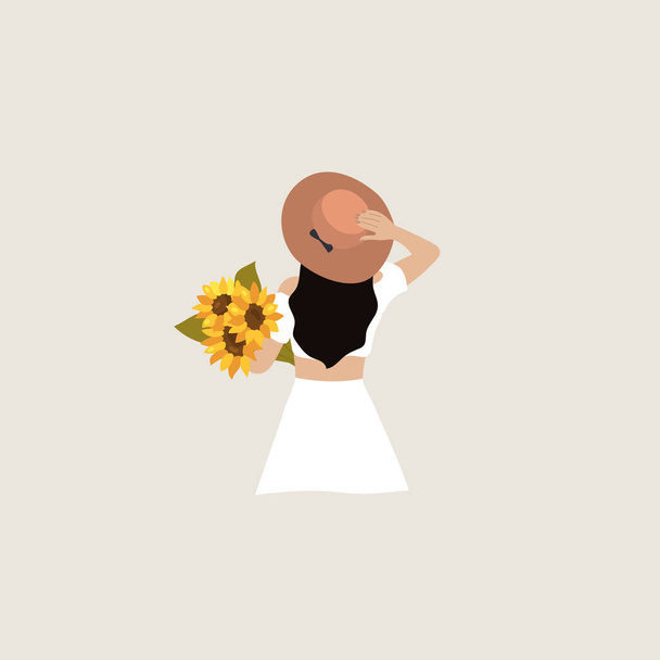 Sunflower bouquet. Summer dress and straw hat. Vector illustration - Vector, imagen