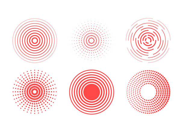 Identification process. Abstract background. Red rings sound wave and line with points in a circle. Sound wave wallpaper. Radio station signal. Circle spin vector set. - Διάνυσμα, εικόνα