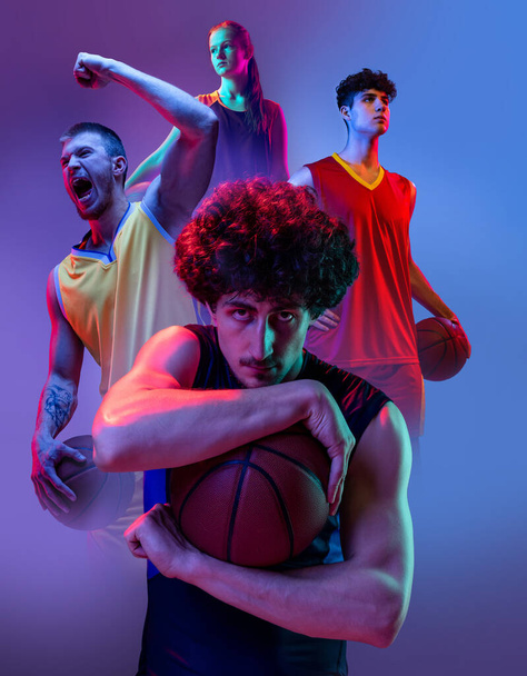 Composite image with young different athletes, soccer, football, volleyball and basketball players over purple background in neon light. Sport, healthy lifestyle, summer games concept. Poster - 写真・画像