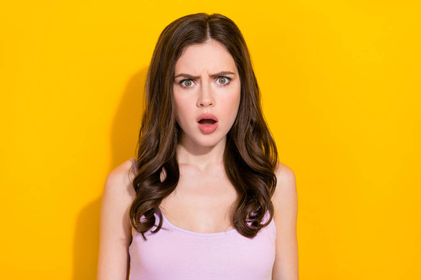 Portrait of astonished person open mouth stare speechless camera isolated on yellow color background. - Фото, зображення