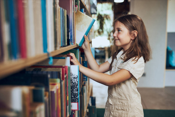 Schoolgirl choosing book in school library. Smart girl selecting literature for reading. Books on shelves in bookstore. Learning from books. School education. Benefits of everyday reading. Child curiosity. Back to school - 写真・画像