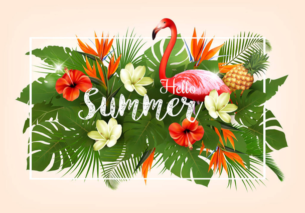 Summer tropical holiday background with exotic palm leaves, colorful tropic flowers and a pink flamingo. Vector - Вектор,изображение
