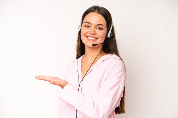 hispanic pretty woma feeling extremely shocked and surprised. telemarketer concept - Photo, image
