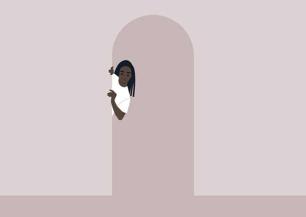 A young female African character peeking out of door, a hallway view - Vector, Image